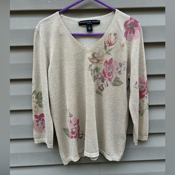 VTG Josephine Chaus MP silk beaded floral Y2K sweater - Picture 1 of 8